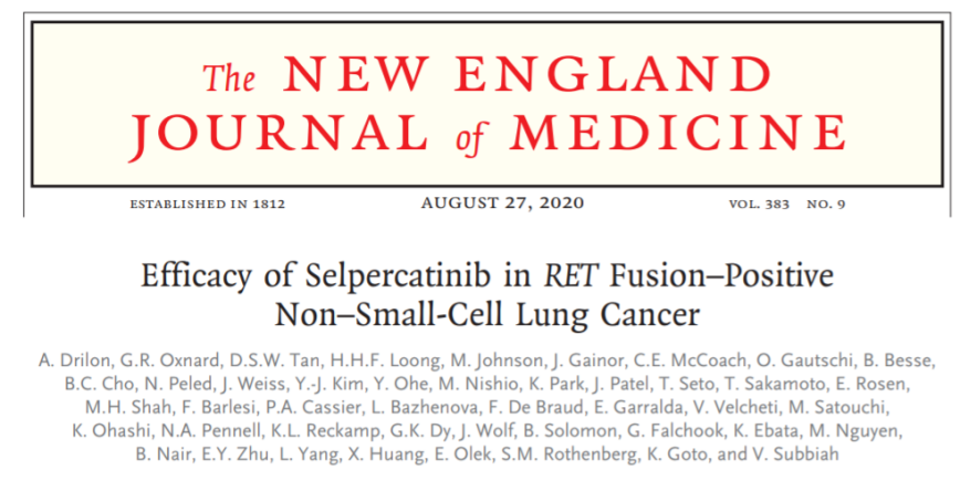 85%达到部分缓解，中位无进展生存期（PFS）为16.5个月：礼来“不限癌种”RET抑制剂（Selpercatinib,LOXO-292）临床数据在NEJM正式发表！