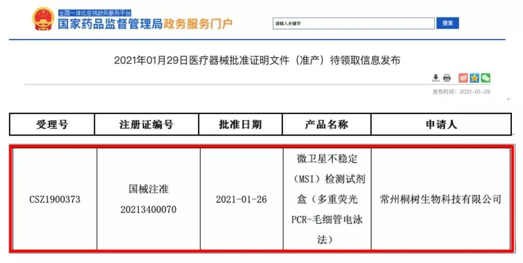 重磅！NMPA批准的国内首个微卫星不稳定（MSI）检测试剂盒花落桐树基因， 