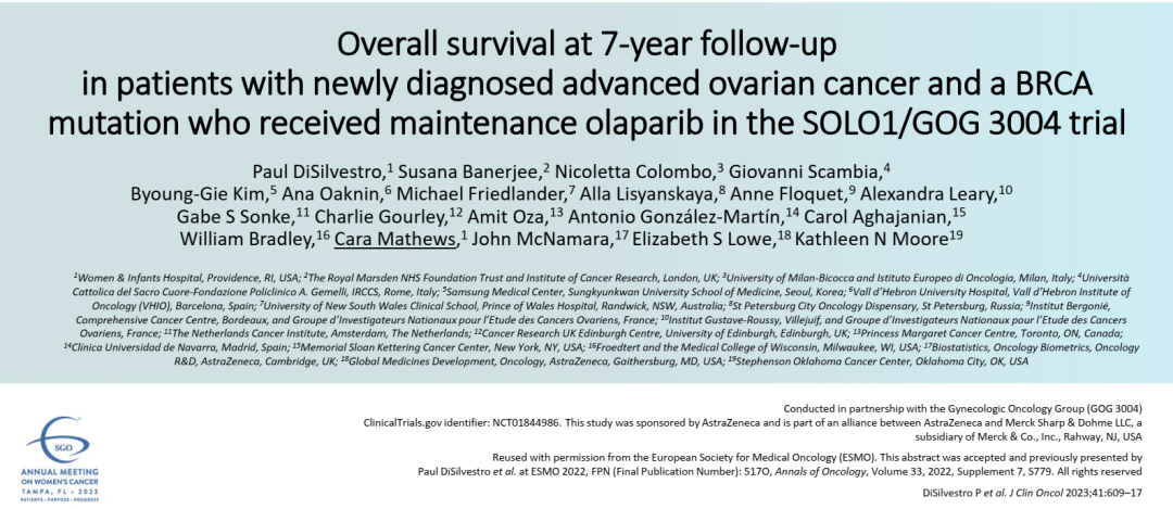 SOLO1/GOG 3004试验：新诊断的晚期卵巢癌及BRCA突变患者接受奥拉帕